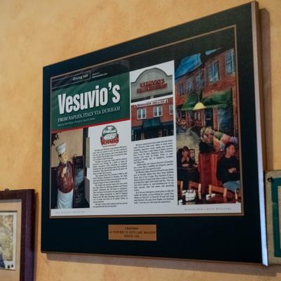 Framed magazine article featuring Vesuvio's Italian Restaurant.