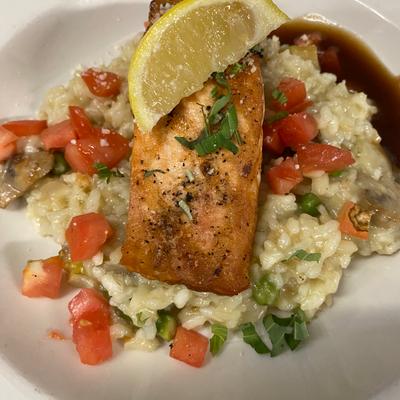 Risotto with fresh grilled Salmon. Mouthwatering!.