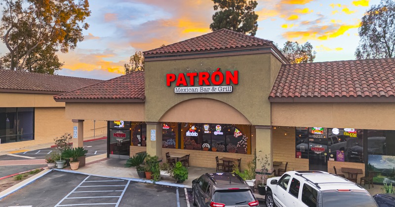 Exterior, front of restaurant, entrance, light sign above