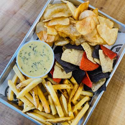 Spinach Dip, chips, and fries.