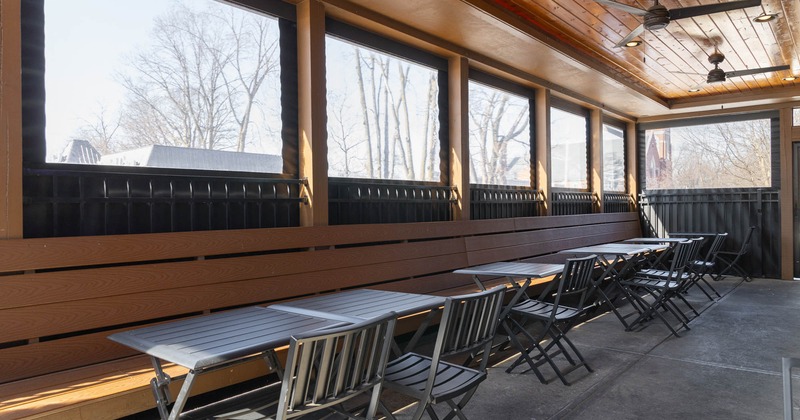 Interior, banquette seating, tables and chairs
