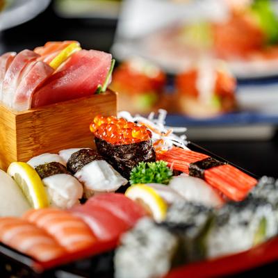 Sushi rolls and sashimi.