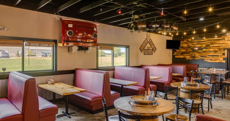 Inside, booths, oval tables, chairs, decoration