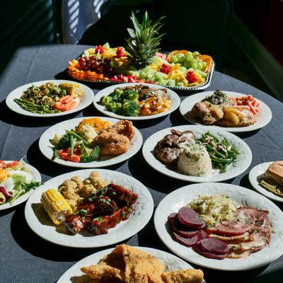 Various menu items served on the table.