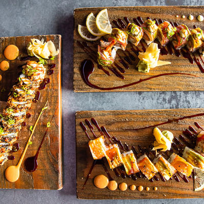 Different types of sushi and fish