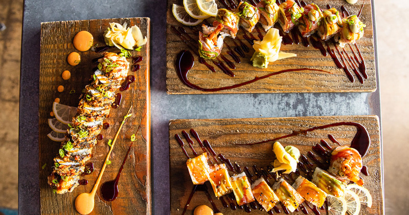 Different types of sushi and fish