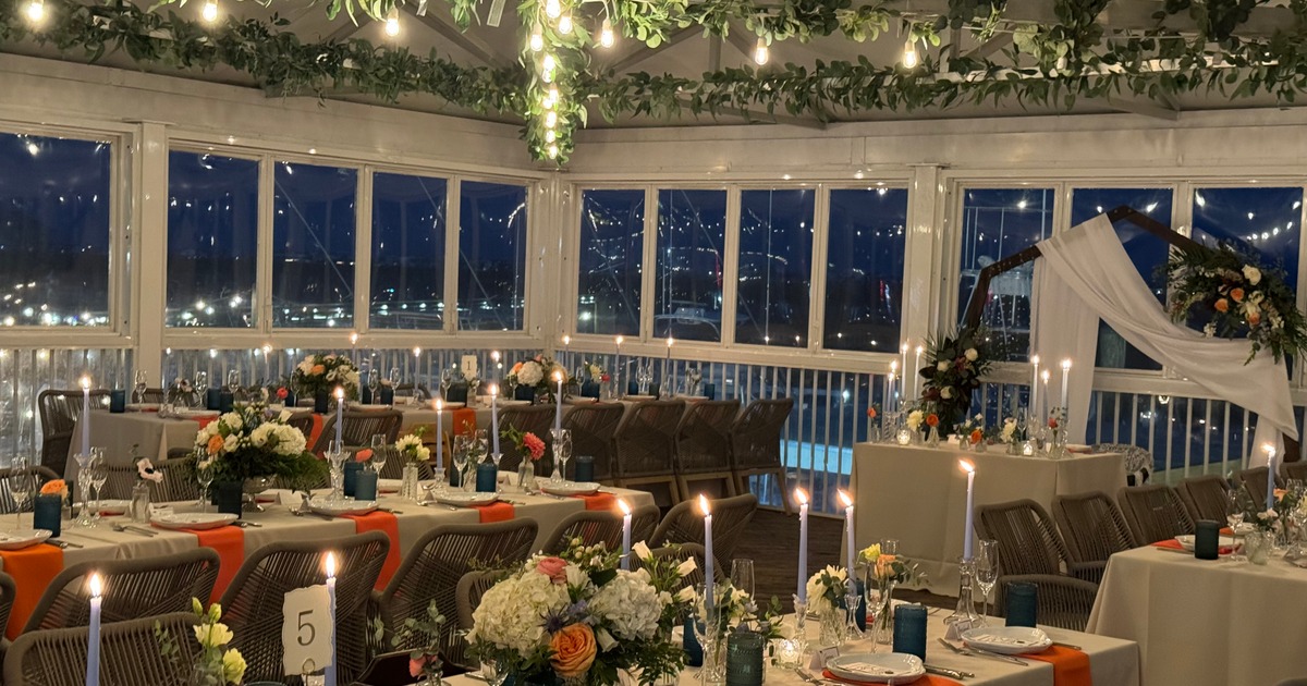 Dining area, elegantly set tables