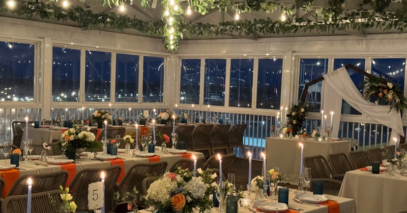 Dining area, elegantly set tables