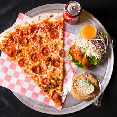 Pepperoni pizza, salad, and a cookie.