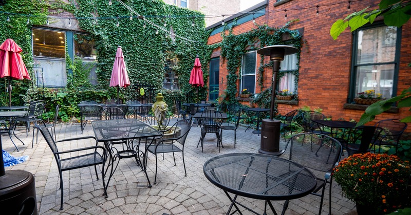 Outdoor seating area, tables and chairs