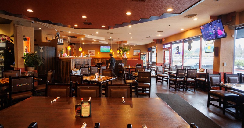 Interior, seating area with tables and chairs