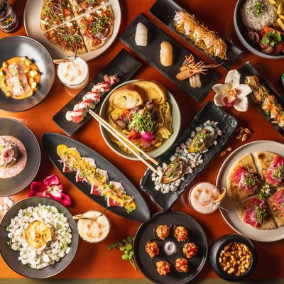 Vairety of dishes served on the table, top view.