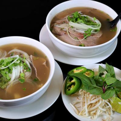 2 Pho Noodle soup bowls, side.