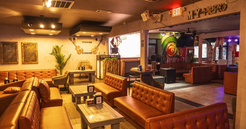 Interior, seating area with leather booths