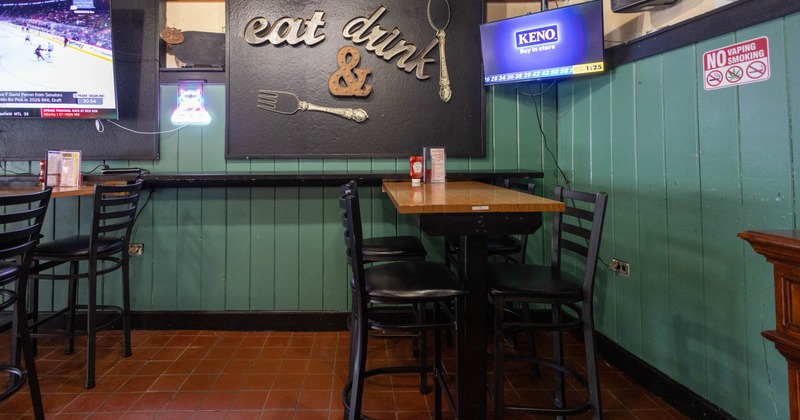 Interior, tall table and bar stools