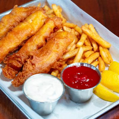 Fish and Chips, house-made tartar, and ketchup.