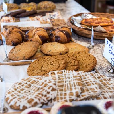 Interior, display of assorted cookies.