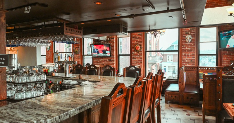 Interior, bar area and high bar chairs