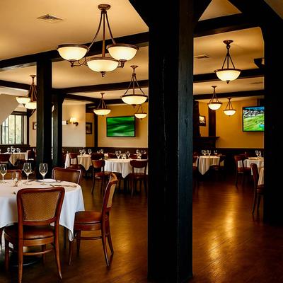 Elegant dining room with round tables and warm lighting.