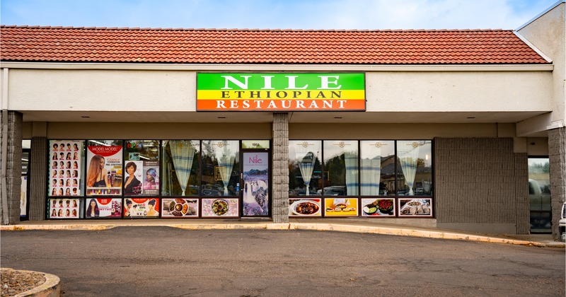 Restaurant, front view, parking lot