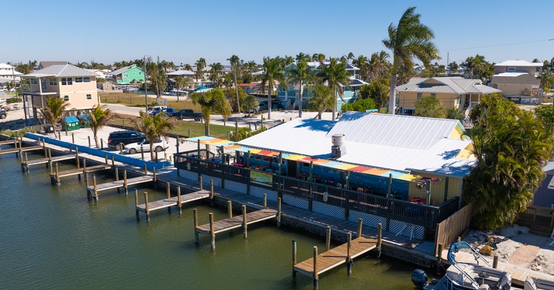 Aerial view to water and restaurant