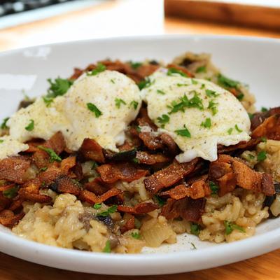 Risotto with bacon and poached eggs.