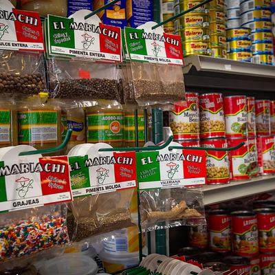 Packed goods on shelves.