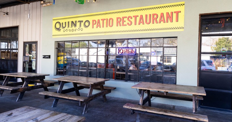 Exterior, tables and benches lined up