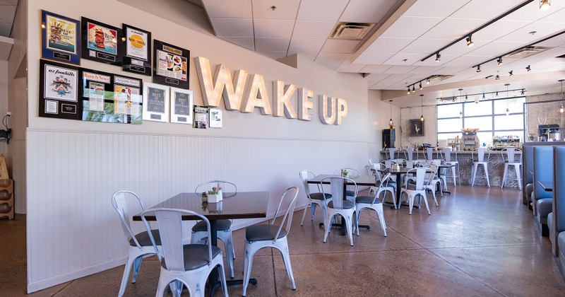 Tables lined up, ready for guests