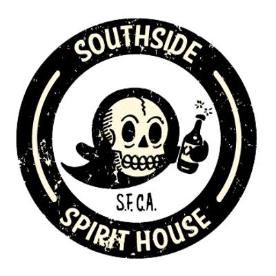 Branded sticker with a skeleton holding a bottle.