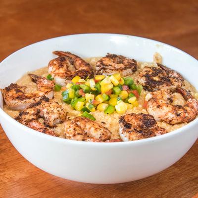 Grilled shrimp and grits, with salsa.