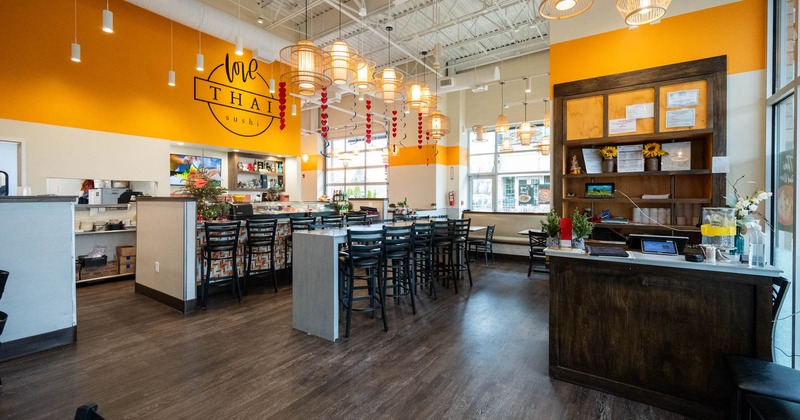 Interior, high tables and chairs