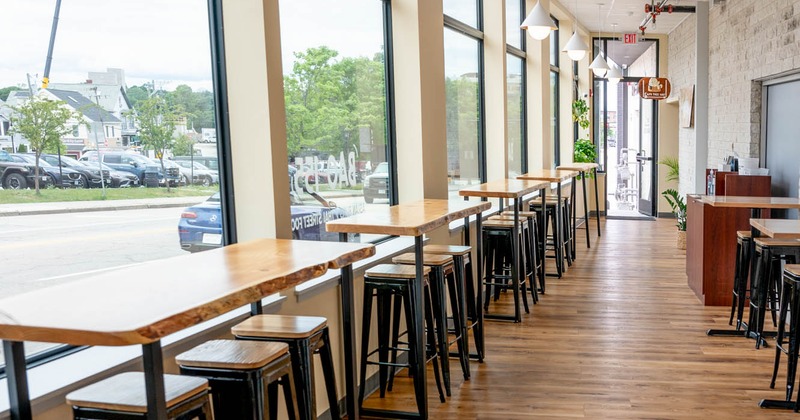 Interior, bar stools and tall tables