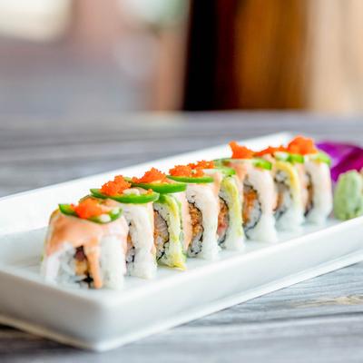 Spicy salmon roll topped with jalapenos and roe.