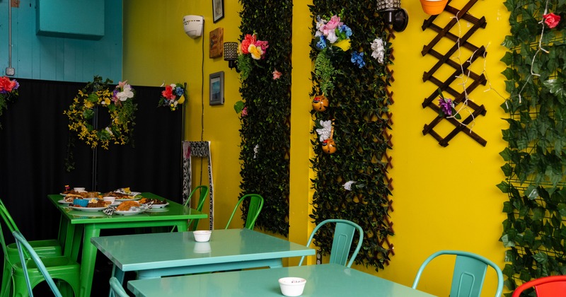 Interior, colorful tables and chairs