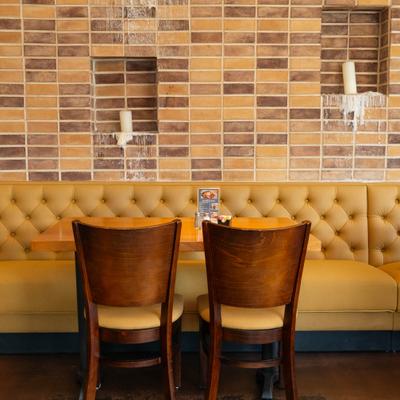 View at the siting area with wall decorations.