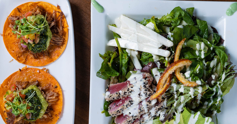 Beef tacos and sesame-crusted tuna salad