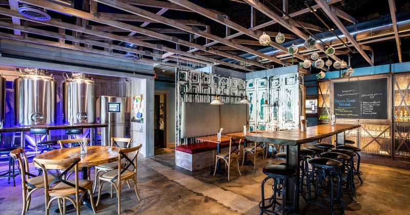 Interior, seating area, tables and seats of various shapes