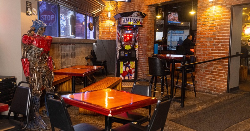 Interior, tables, chairs and wooden benches