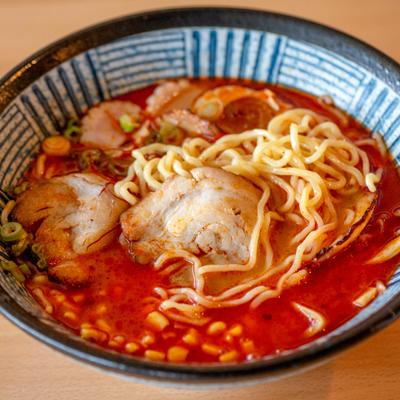 Bowl of Spicy Tonkotsu Ramen with pork.