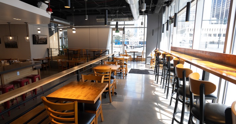 Interior, bar area, stools, tables