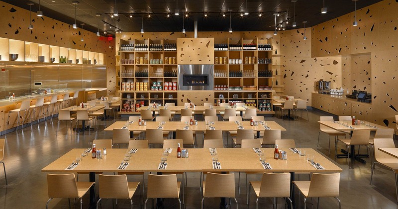 Interior, dining area, long table setups for twelve people, tables for four