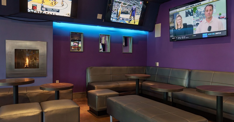 Sports bar interior, lounge seating area