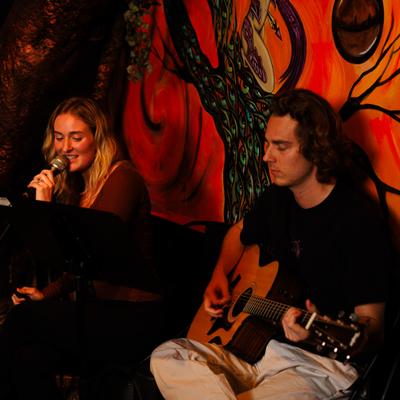 Two musicians singing and playing live.