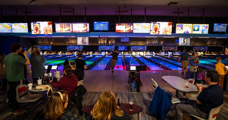 Interior, wide view, bowling alley