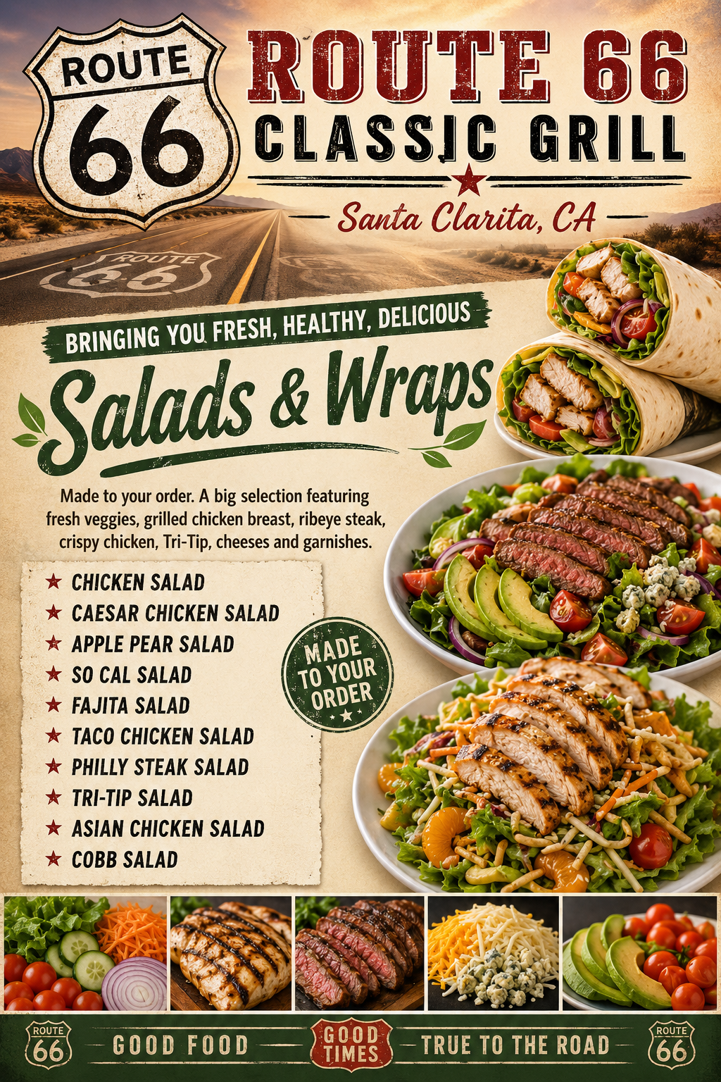 Freshly made salads and wraps at Route 66 Classic Grill