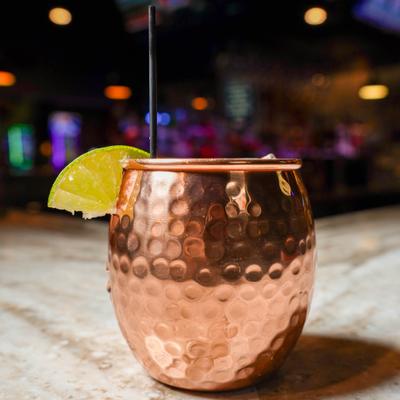 Railhouse Mule served in a copper mug with a slice of lime as a garnish.