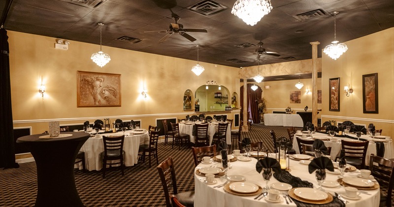 Elegant banquet hall with round tables