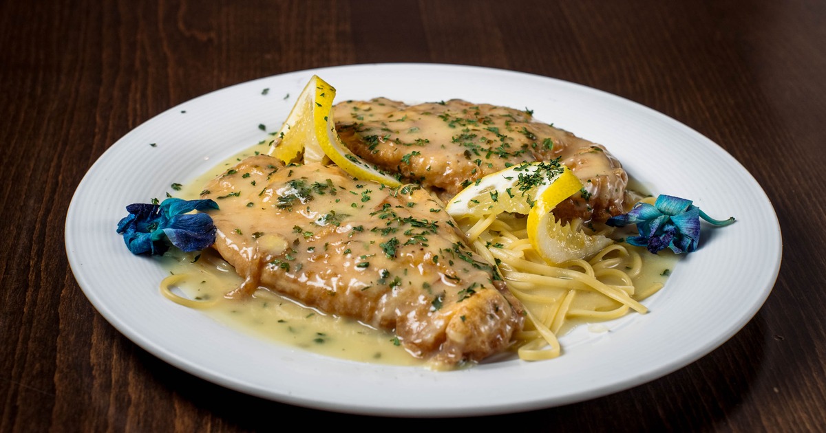 Battered chicken breast, with linguine, white wine, and lemon butter sauce