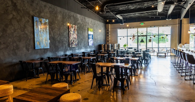 Interior seating area with chairs and tables